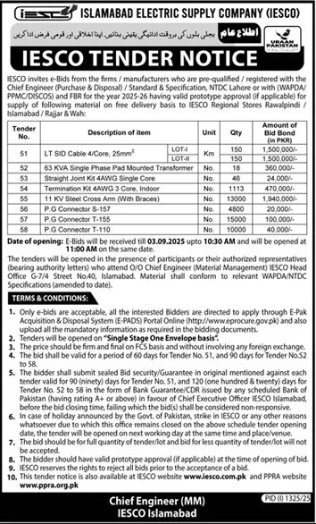 Islamabad Electric Supply Company Islamabad Tender Notice